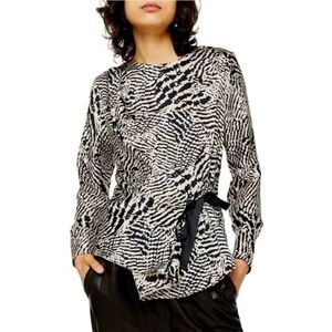 TOPSHOP Women’s Zebra Animal Print Draped Ribbon Side Tie Wrap Blouse Size 2
